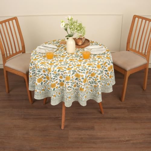 Image of Encasa XO Dining Table Cloth, Jaipuri Block Print Cotton Cover Yellow