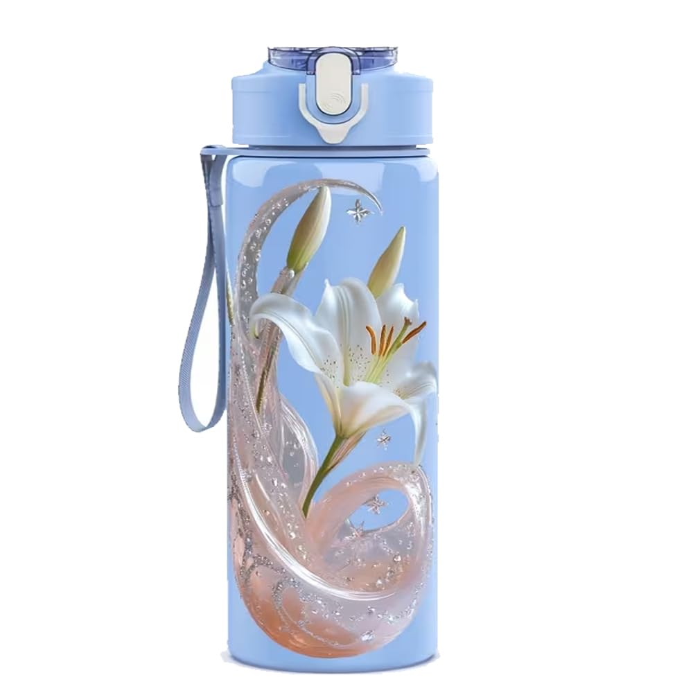 Water Bottle 750ml/25oz – Crystal Lily Printed, Translucent Plastic, Lightweight Leak Proof Travel Cup, Reusable for Running & Gift for Birthday(blue) — image 1