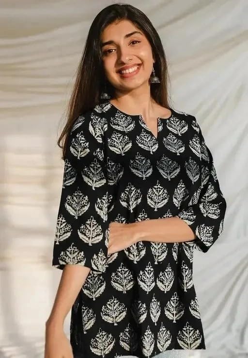Image of Women's Short Kurti in Multicolor Rayon Cotton Blend | Ladies Ethnic Tunic | Office