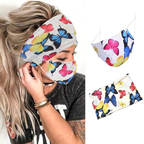 Jeairts Boho Bandeau Headbands Button Hair Bands Elastic Fabric Truban Head Wraps with Mouth Cover Non Slip Head Scarfs Stylish Yoga Hair Accessories for Women and Girls (Butterfly)