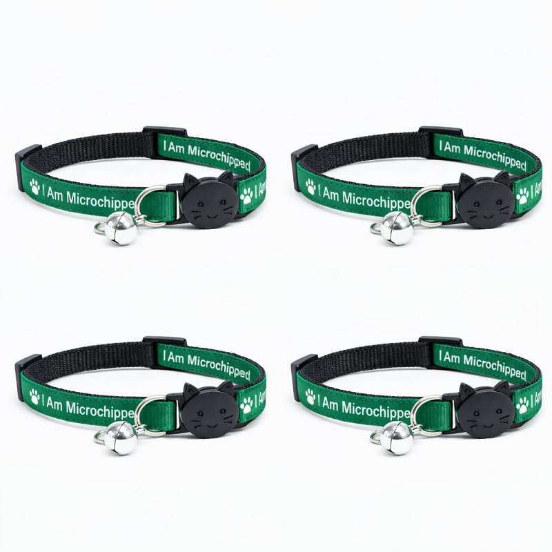 Worded Cat Collars – Please Do Not Feed Me, I Am Microchipped | Safe Quick Release Breakaway Buckle | Zacal Cat Collars (Pack of 4, Green, I Am Microchipped)