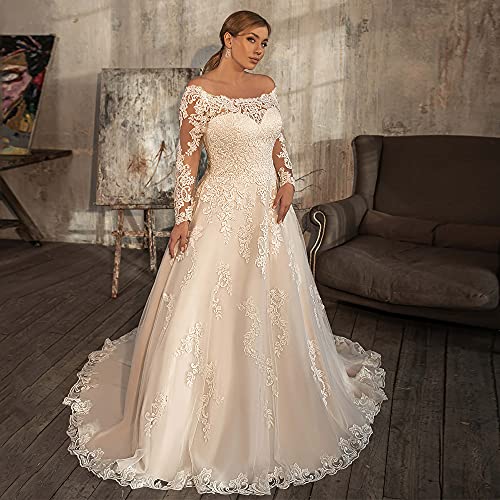XYAYE Long Sleeve Lace Wedding Dresses for Bride Puffy Tulle Bridal Dresses Off The Shoulder Bridal Gowns for Women3