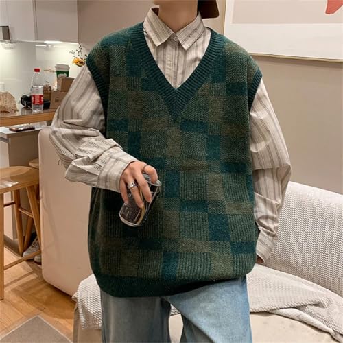 Men's Winter V-Neck Japanese Retro Plaid Knitted Fashion Loose Sleeveless Pullover Knitted Vest3