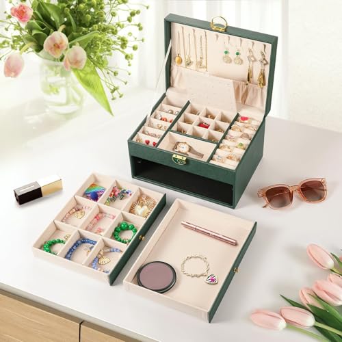 Image of Vlando 3 Layer Jewellery Organiser Box, Large PU Leather Jewelry Storage Case With Drawers, Earrings, Rings, Necklaces Holder | Luxury Jewellery Box For Women & Girls Gift (Green)