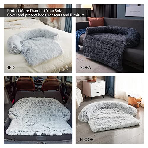 Dekeyoo Waterproof Calming Dog Bed, Pet Couch Protector Plush Dog Mat Dog Sofa, Pet Furniture Cover With Soft Neck Bolster, Machine Washable Silver Gray Large #TOP3