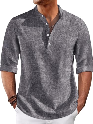Runcati Mens Linen Henley Shirts Casual Lightweight 3/4 Sleeve T-Shirt Summer Beach Yoga Hippie Tops