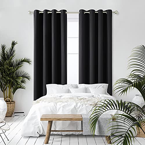 Image of Deconovo Blackout Curtains Eyelet, Energy Saving Thermal Insulated Window Panels, Noise Reduction Bedroom Curtains for Living Room, 55 x 118 Inch, Black, 2 Panels