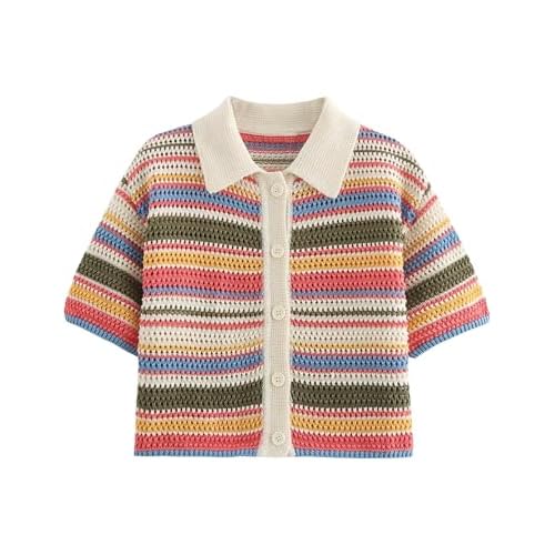 Womens Cropped Short Sleeve Polo Sweater Striped Button Up Collar Knit Tops Crochet T Shirt Rainbow X-Large