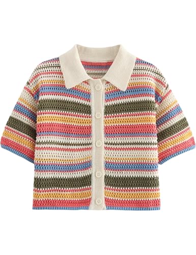 Womens Cropped Short Sleeve Polo Sweater Striped Button Up Collar Knit Tops Crochet T Shirt2