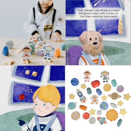 Image of Toddler 30 Piece Stacking Wood Blocks Space Gift - Montessori 2 Year Old Fine Motor Skills Toy Learning Stacking Shape Sorter Sensory Preschool Busy Journey to the Moon (Book and Block Set, Wood)
