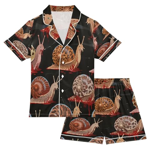 Satin Pajama Sets Short Sleeve Snail Pattern with Blood Halloween Button Down Silky Nightwear 2 Piece PJS 5-14Y