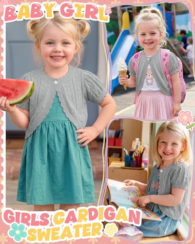 Image of Toddler Girls Cardigan Sweater | Short Sleeve Cardigan, School Wear Sweater, 18M-5T, Knit Baby Bolero Shrug, Cropped Puff Summer Tops, Button Open Front Shirt