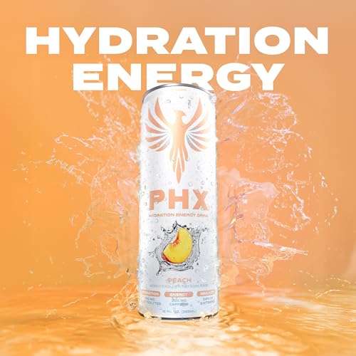Image of PHX Hydration Energy Drink - 700mg Electrolytes, 200mg Natural Green Tea Caffeine, 100% Daily Value 8 Essential Vitamins - 12 oz Cans (12 Pack, Peach)