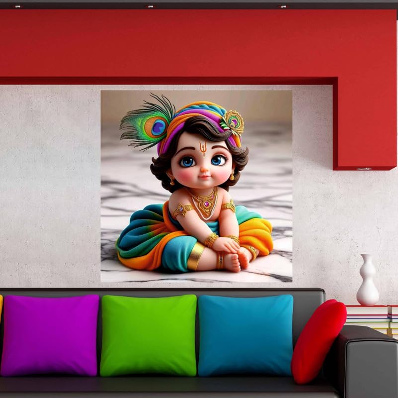 Image of British Terminal Cute little Bal Gopal Baby God Krishna| Kanha Ji | Laddu Lord Makhan Chor Painting Religious Poster for Pregnant Women for wall (matt thin vinyl,sticker,multicolor,unframed)| bj401
