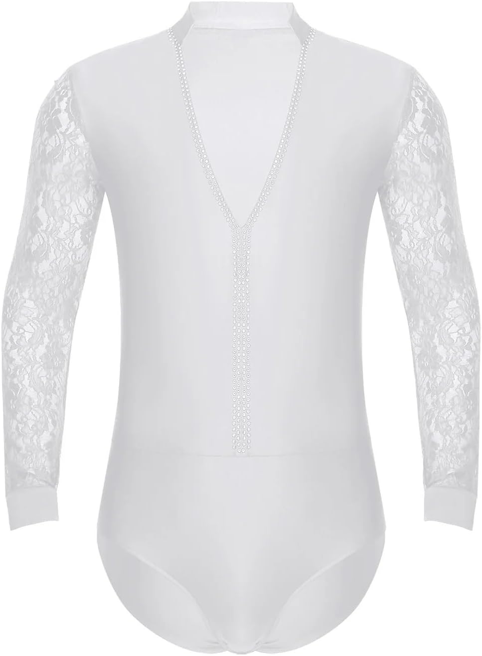 Mens Sparkling Rhinestones Latin Ballroom Dance Performance Costume Long Sleeves Bodysuit Shirt Tango Latin Leotard Costume For Dancing and Parties(Ivory,3XL)