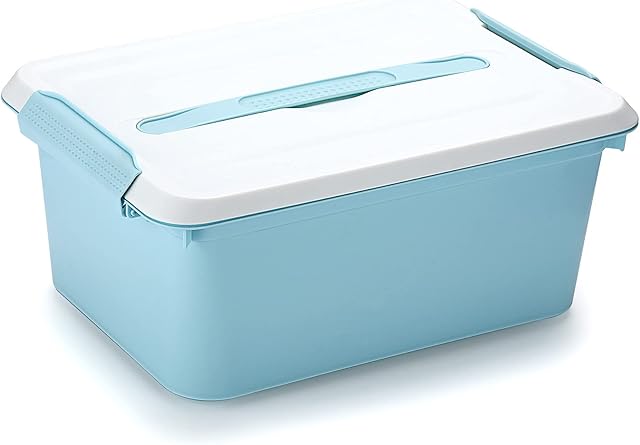 IGNPION Plastic Craft storage Box with Dividers Tray Stackable Craft Storage Organiser with Carry Handle Storage Containers for Art & Craft, Cosmetic, Toys, Sewing Accessories, Blue+White