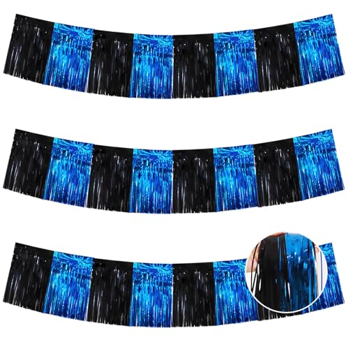 Image of BEISHIDA 3 Packs Metallic Foil Fringe Garland Black Blue Wall Hanging Tinsel Fringe Banners for Car Floats Bridal Shower Wedding Birthday Easter Graduation Holiday Party Decoration(30 Feet)