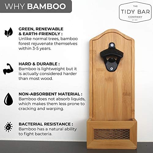 Tidy Bar | Bamboo Wall Mounted Beer Bottle Opener with Catcher | Home Bar Accessories for Kitchen Garden Pub & Bars | Eco-Friendly Novelty Beer, Home and Kitchen Christmas Secret Santa Gift