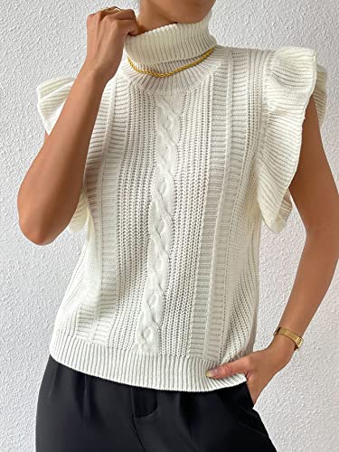 Shenhe Women's Cable Knit Turtleneck Sleeveless Ruffle Trim Pullover Sweater Vest Tops Beige L #TOP3