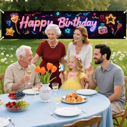 Image of Nuxovilar Birthday Neon Theme Banner 17.72x78.74 Inches Polyester