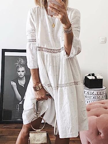 Image of utcoco Womens Lace Eyelet Embroidery Dresses 3 /4 Trumpet Sleeve Crochet Spliced A Line Flowy Boho Midi Dress