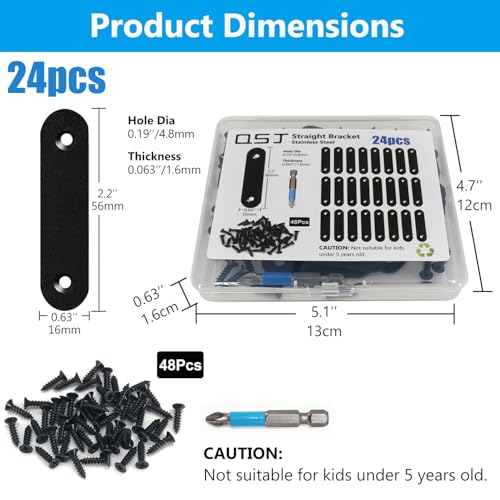Image of QSJ 24 Pcs Black Straight Bracket Mending Plate for Wood Stainless Steel Straight Brackets 56mm / 2.2 inch Wood Brace with Screws and Screwdriver