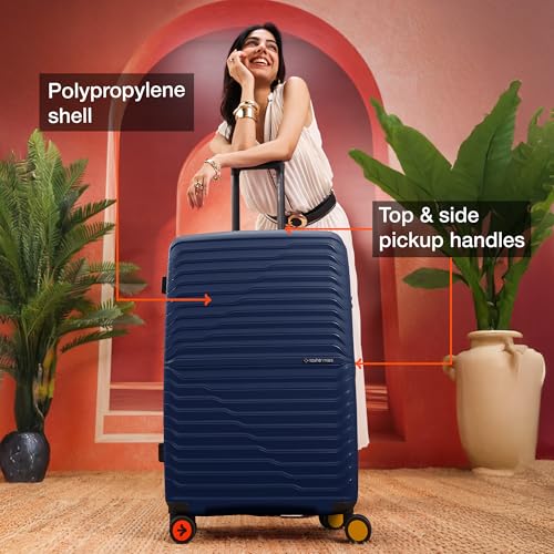 Image of Nasher Miles Cairo Hard-Sided Polypropylene Check-in Luggage 28 inch | 75cm | 8 Wheels Large Trolley Bag for Travel | Suitcase (Navy Blue & Yellow)