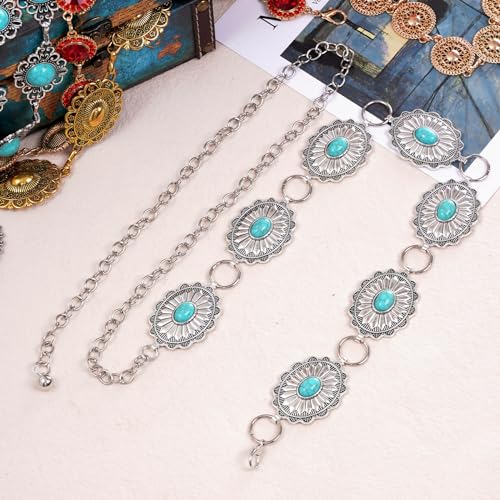 Turquoise Western Concho Chain Belt for Women Cowgirl Cowboy Metal Waist Link Chain Belt4