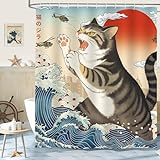 hometrixx Duschvorhang Lustige Katze 180 x 200 cm Mutige Katze OzeanJapanischer Welle Rustikalen Kinder Polyester Badezimmervorhang für Dusche Bad Wasserdicht Maschinenwaschbar mit 12 Ringe