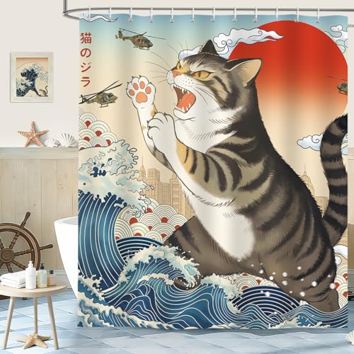 hometrixx Duschvorhang Lustige Katze 180 x 200 cm Mutige Katze OzeanJapanischer Welle Rustikalen Kinder Polyester Badezimmervorhang für Dusche Bad Wasserdicht Maschinenwaschbar mit 12 Ringe