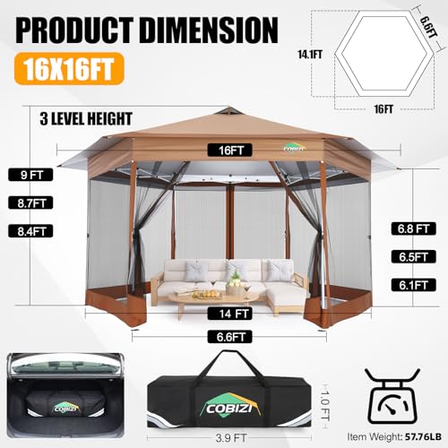 Image of COBIZI 14x14 Pop Up Gazebo Tent with Mosquito Netting, Gazebos on Clearance, Hexagonal Outdoor Canopy Shelter, Patented Center Lock 6-Sided Portable Gazebos, Pop Up Canopy Tent for Backyard, Brown