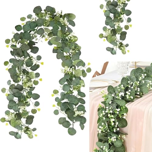 VCANIVR 2 Stück Künstliche Girlanden Eukalyptus180cm mit Weidenblättern Grüne Blätter Weiße Blume Girlande Eukalyptus Deko Künstliche Pflanze Hängepflanze (2PC Künstliche Girlanden 180cm)
