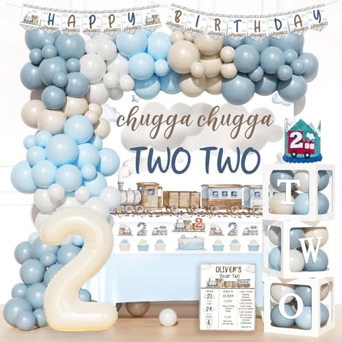 Party Inspo Chugga Chugga Two Two Party Decorations 114 PCs Train Themed Birthday Party Supplies with Backdrop Banner Balloon Garland Cake Topper Boxes Crown Cupcake Toppers Poster
