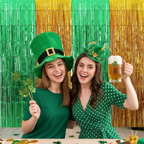 Image of TONIFUL 2Pcs Gold and Green Metallic Tinsel Foil Fringe Curtains Streamers | 3.3ftx6.6ft Photo Booth Backdrop Door Streamer for St Patrick's Day Christmas New Year Forest Theme Birthday Wedding Party