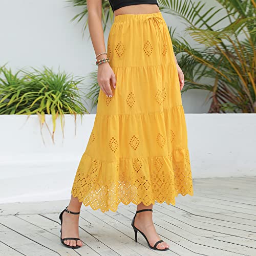Love Welove Fashion Women's Solid Cotton Embroidered Tiered Flare A-Line Ankle Length With Lining Maxi Skirt Mustard #TOP6