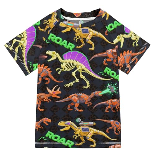 Mecha Dinosaur Roaring T-rex Orange Black Short Sleeve Girl Bathing Suit Little Girls Swimsuit Girls Rash Guard for 3-12 Years Traje de bano de Sirena para nina