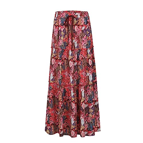Maxi Skirts for Women 2025 Floral Beach Tiered Boho Skirt Drawstring Flowy Long Skirt Casual High Waisted Skirts2