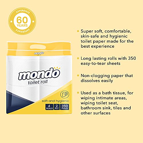 Image of Mondo Toilet Roll Tissue (2 Ply, 350 Pulls) | Pack of 4 Rolls | 100% skin safe FDA approved, OBA free | Septic-safe bath tissue | Compatible with all dispensers | Toilet Tissue Paper Roll