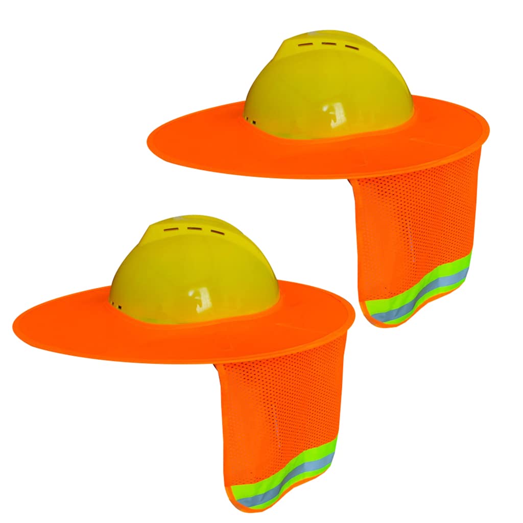 Crffz Men's A 2 Pcs Fluorescent Colors Hard Hat For Sun Full Brim Mesh Neck Sunshade With Reflective Strips For Ourdoor Worker Construction Helmets For Sun
