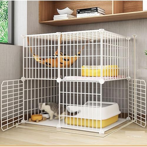 2 Tier Large Cat Cage Crate DIY Pet Playpen Detachable Dense Metal Wire Ferret Cage Indoor Cat Kennels for Kitten Puppy Bunny Exercise (White 75L x 49W x 73H CM)