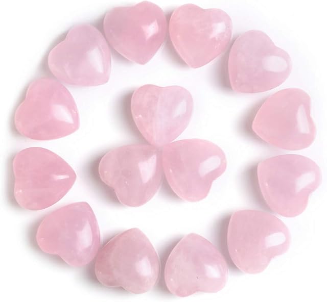 CrystalTears 15pcs Rose Quartz Crystal Heart Stone Love Worry Stone Tumbled Polished Pink Healing Crystal Pocket Palm Stone for Reiki Chakra Healing Home Decoration