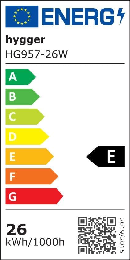 Energy Label for hygger HG957-26W LED Aquarium Light, showing energy efficiency class E and consumption of 26 kWh/1000h.