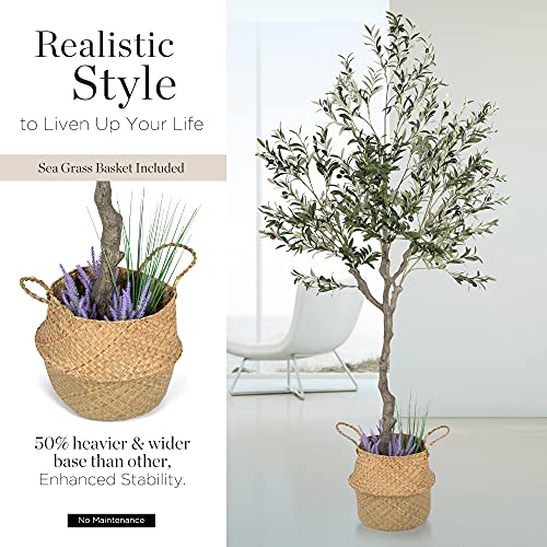 Artificial Olive Tree, 82 Inches Tall - Fake Floor Plant For Modern Home Decor - Living Room, Bedroom, Balcony - Faux Potted Trees For Indoor Or Outdoor - Includes Seagrass Belly Basket #TOP1