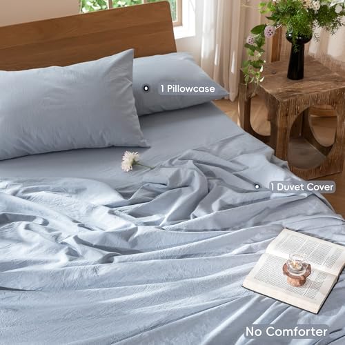Image of MooMee Duvet Cover Set 100% Washed Cotton Linen Like Twin | Relaxed Linen-like Texture. Soft, Breathable & Long-lasting Comfort. Lightweight. Hidden Zipper with 8 Interior Corner Ties