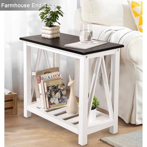 FEUFOAM Farmhouse Beistelltisch Holzrahmen Schmaler Beistelltisch mit Ablagen Schwarz Weiß Rechteckig Nachttisch Sofatisch für Couch, Kleine Räume, Wohnzimmer, Schlafzimmer – Bild 3