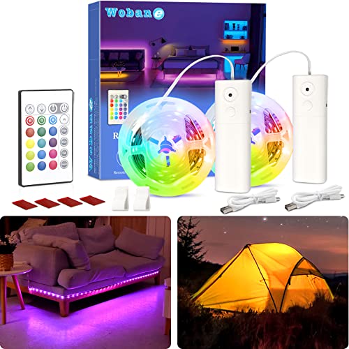 WOBANE 2PCS Rechargeable LED Strip Lights,Dimmable RGB Rope Lighting with Remote,Battery Operated Color Changing Light for Party,Shelf,Sofa,Desk,Game,Holiday,Indoor Decoration,2000mAH