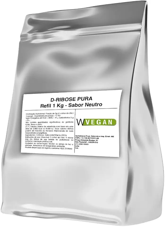 WVegan D-Ribose Pura 1Kg Refil, Sabor Neutro, Vegano, Suplemento em Pó, 200 Doses D Ribose