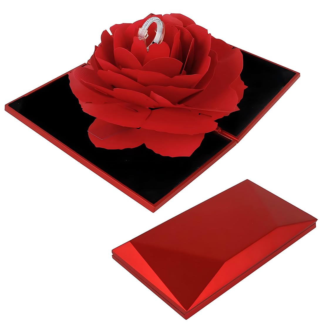 Scatola Portaanelli A Cuore Con Rosa 3D Pop-Up – Rosso, 14x6x2.8 Cm, Portagioie Per Proposta Matrimonio - 2