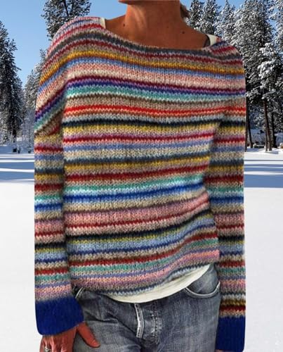 LOAIHA Women's Vintage Fair Isle Pullover Sweater Fall Winter Oversized Casual Striped Crewneck Long Sleeve Knitted Tops4