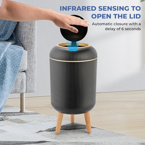 Image of Pukomc Motion Sensor Trash Can, 2.6 Gallon Automatic Trash Can with Lid, Fluted Bathroom Trash Can with Wood Legs, Decorative Round Wastebasket for Bedroom and Office